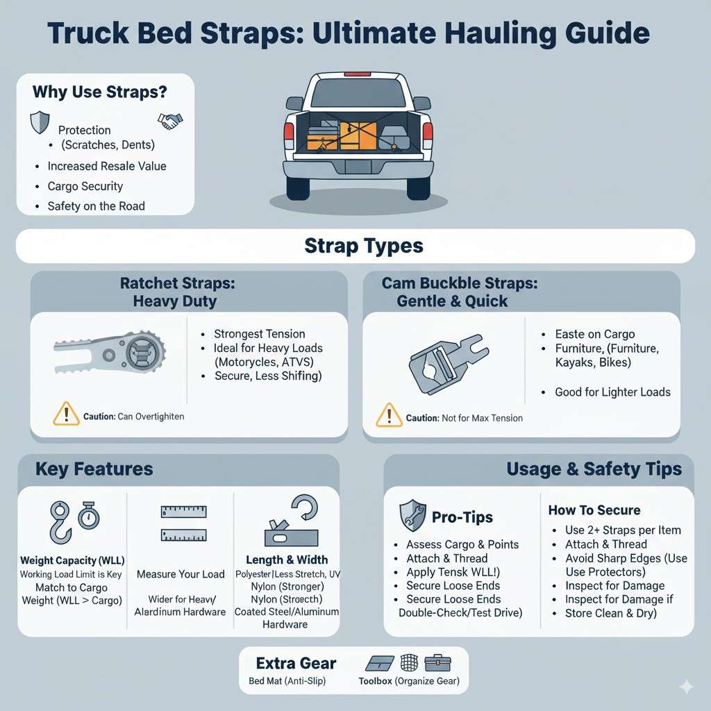 Infographic: Truck Bed Straps Ultimate Hauling Guide, comparing ratchet and cam buckle straps, key features, and safety tips for securing cargo.