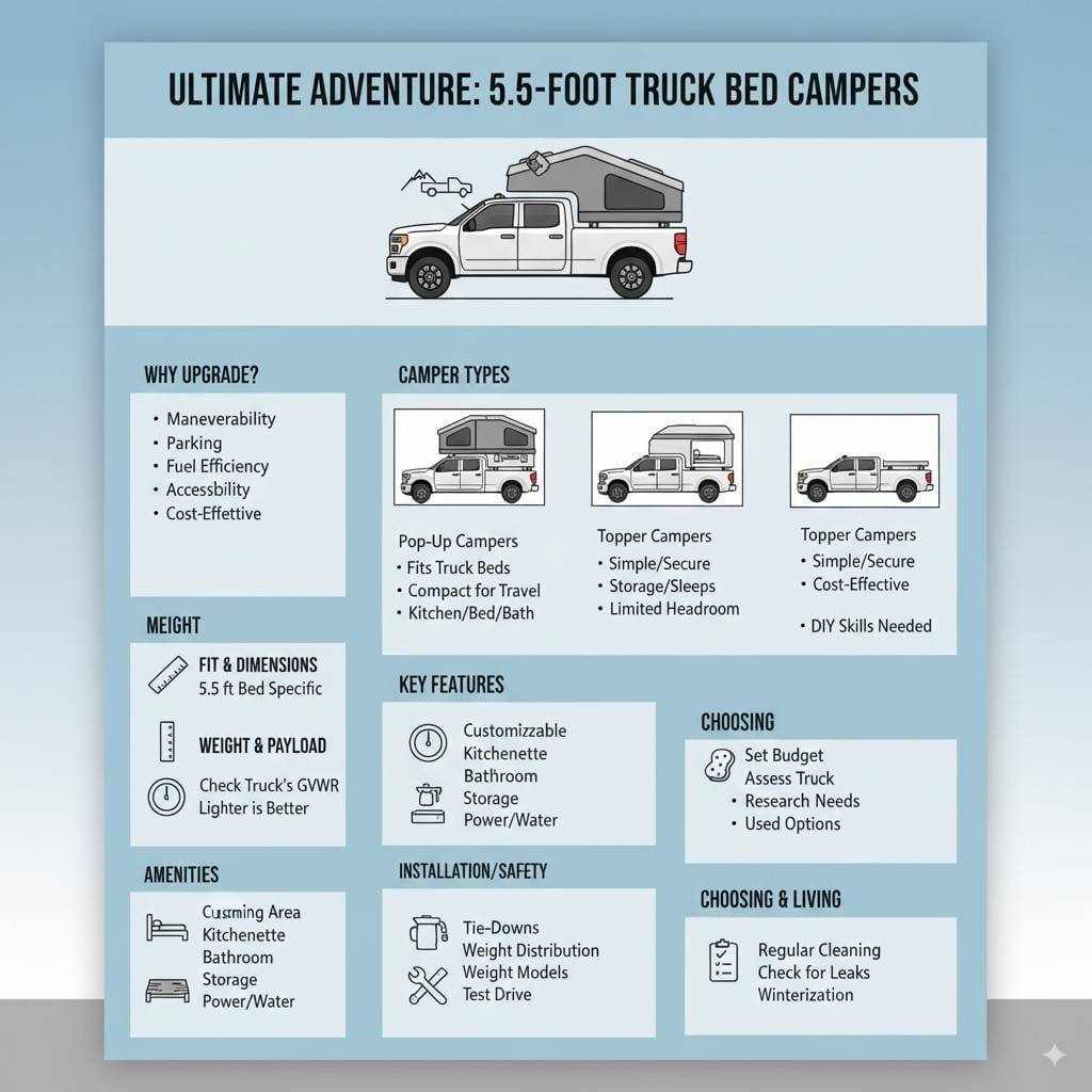 Infographic: Ultimate guide to 5.5-foot truck bed campers, covering types, key features, choosing tips, and safety for compact adventure.