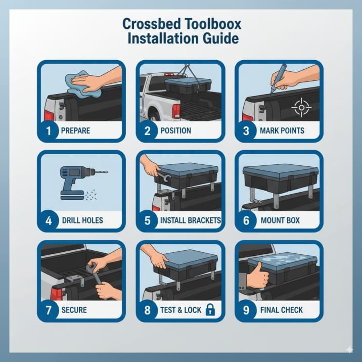 Infographic: Crossbed toolbox installation guide for pickup trucks, showing 9 steps from preparation to final check