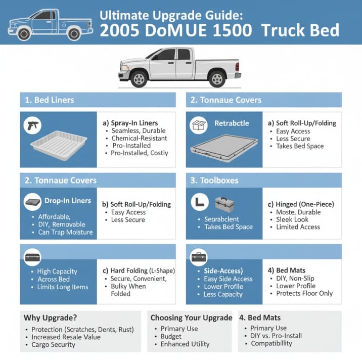 Infographic: Ultimate Upgrade Guide for 2005 Dodge Ram 1500 Truck Bed, detailing options like bed liners, tonneau covers, toolboxes, and bed mats.