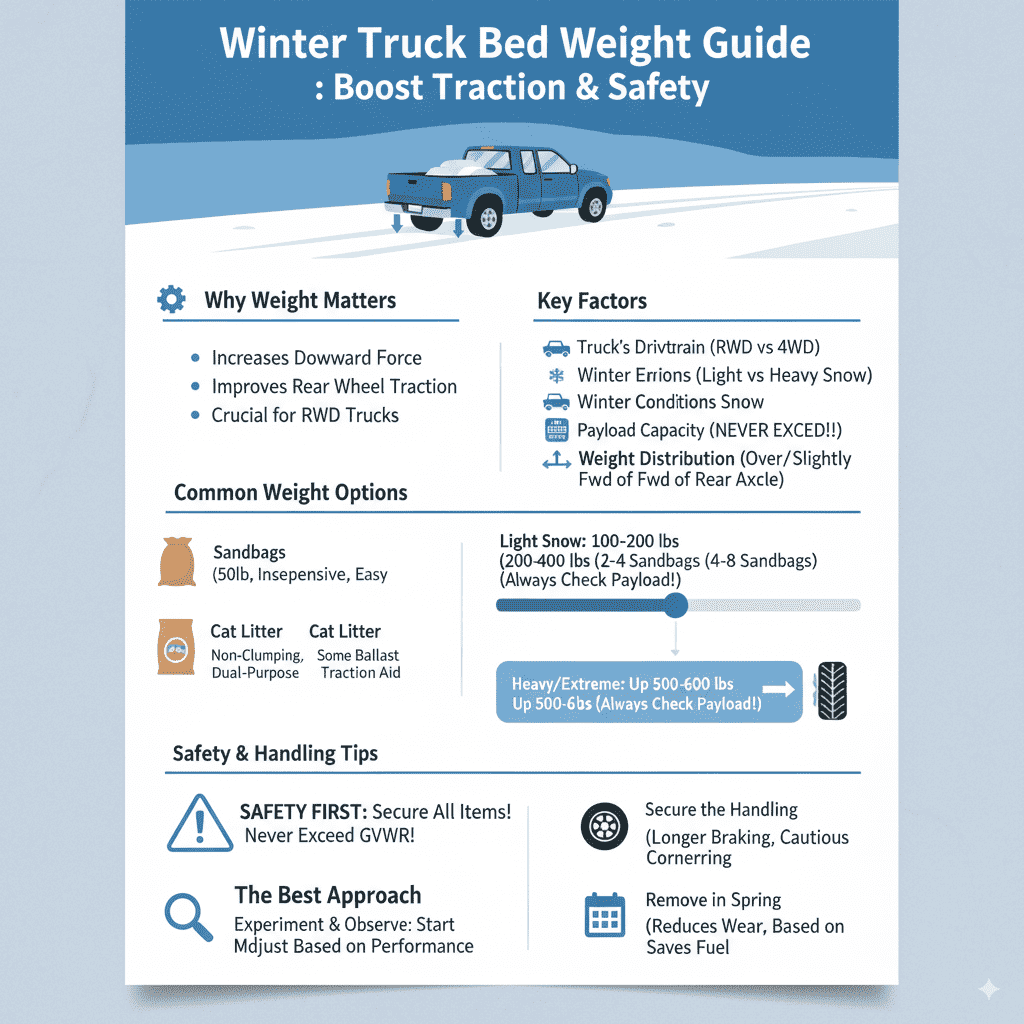 Infographic: Winter Truck Bed Weight Guide to boost traction and safety, showing why weight matters, key factors, weight options, and safety tips for snowy roads.