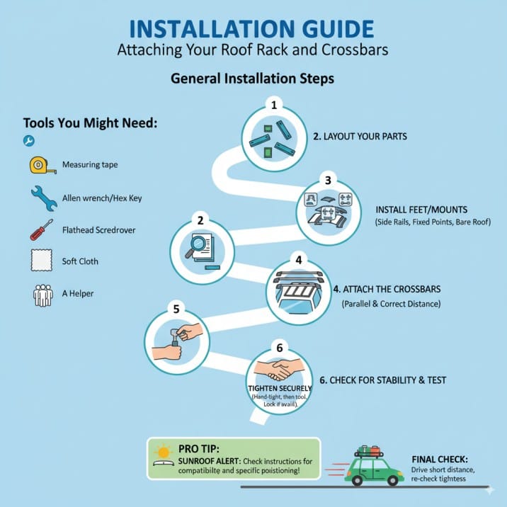 An infographic providing a general guide for attaching a roof rack and crossbars. The title reads "Installation Guide: Attaching Your Roof Rack and Crossbars" with "General Installation Steps" below.