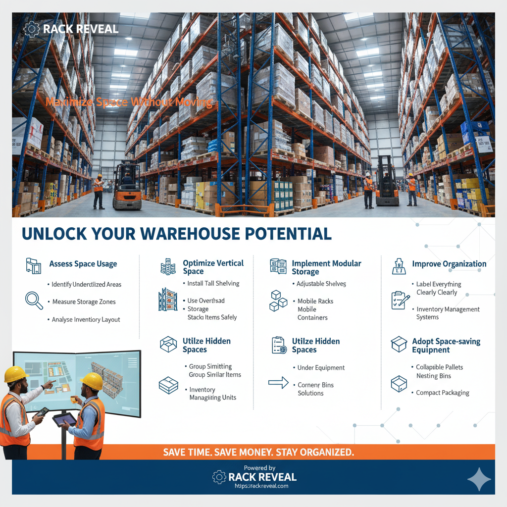 A clean, well-organized warehouse with tall shelving units filled with inventory, showing workers operating forklifts in wide aisles. Text overlays highlight "Unlock Your Warehouse Potential" and "Maximize Space Without Moving." The bottom includes "Save Time. Save Money. Stay Organized." and "Powered by Rack Reveal."