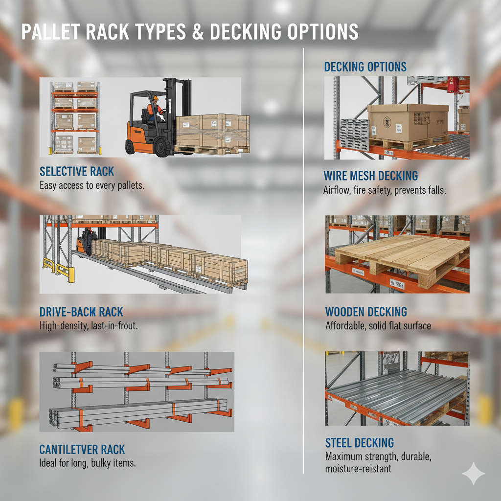 Infographic illustrating different pallet rack types (selective, drive-back, cantilever) and various decking options (wire mesh, wooden, steel) used in warehouse storage.