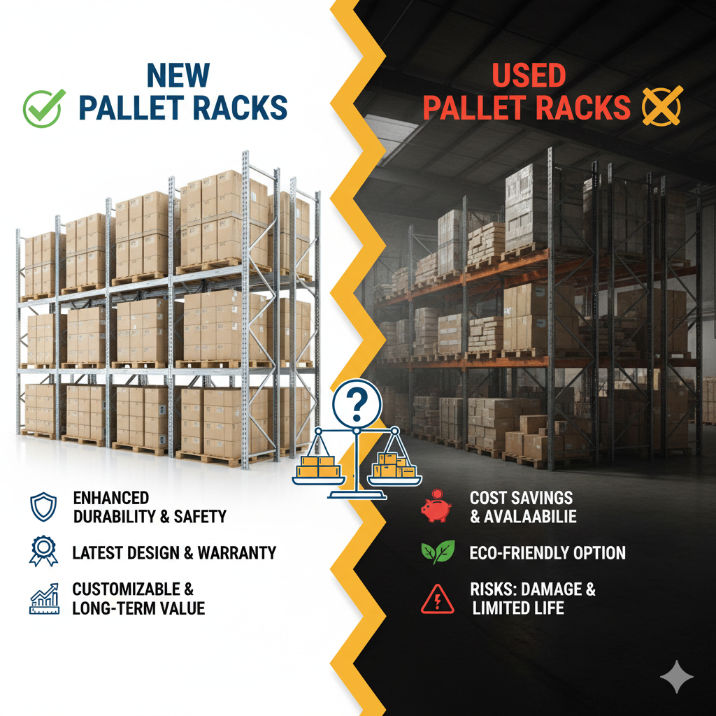 An infographic comparing new and used pallet racks. The left side, labeled "NEW PALLET RACKS" with a green checkmark, shows clean, silver pallet racks neatly stacked with cardboard boxes in a bright, modern warehouse. Below it are icons and text: "Enhanced Durability & Safety," "Latest Design & Warranty," and "Customizable & Long-Term Value." The right side, labeled "USED PALLET RACKS" with a red 'X', shows older, darker pallet racks in a dimly lit warehouse, also stacked with boxes. Below it are icons and text: "Cost Savings & Availability," "Eco-Friendly Option," and "Risks: Damage & Limited Life." In the center, a scale with a question mark above it visually represents the decision-making process between the two options.