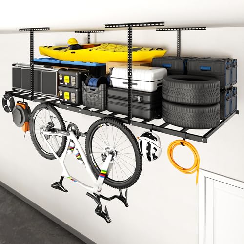 FLEXIMOUNTS 4x8 Overhead Garage Storage Rack with 6 Hooks... 1200 lbs Tested, 750 lbs Rated: Our overhead garag