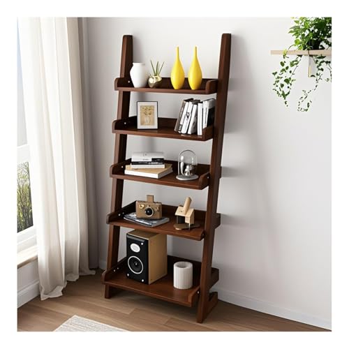 BFECGDXT 5-Tier Ladder Shelf Bookcase, Walnut Wooden Lean... Layered Design: The ladder bookshelf adopts a 5-la