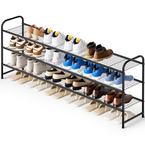 KEETDY 3-Tier Long Shoe Rack for Closet Metal Shoe Organi... 【Holds 24 Pairs of Shoes】 Longer 3 tiers shoe orga