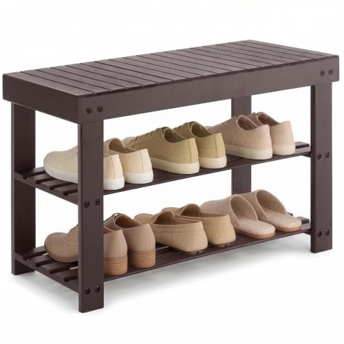 NEWBULIG Shoe Rack Bench, 3-Tier Bamboo Shoe Organizer, W... 【Versatile Storage Solution】NEWBULIG shoe bench ha