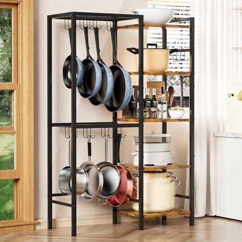 OMISRUIS 5-Tier Pot and Pan Organizer Rack with Hooks, He... 【Maximize Your Kitchen Space — Pot and Pan Organiz
