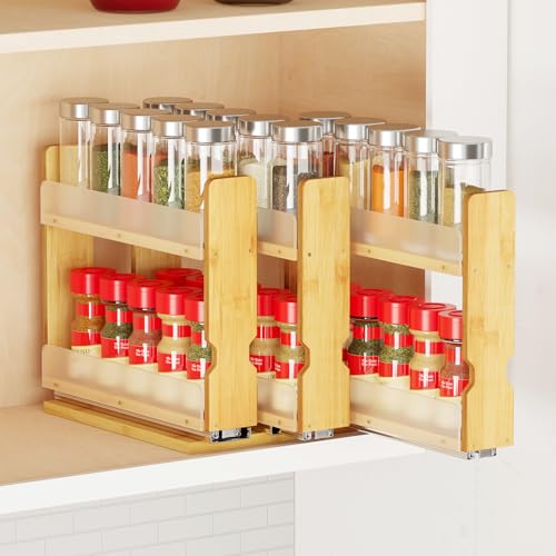 SpaceAid Bamboo Pull Out Spice Rack Organizer for Cabinet... MEASURE CABINET SIZE - Please measure the interior