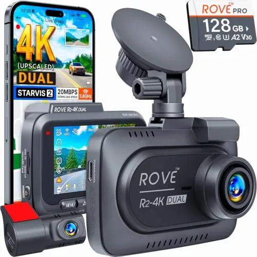 ROVE R2-4K Dual Dash Cam Front and Rear, STARVIS 2 Sensor... UPSCALED 4K FRONT + 1080P REAR DUAL DASH CAM: The