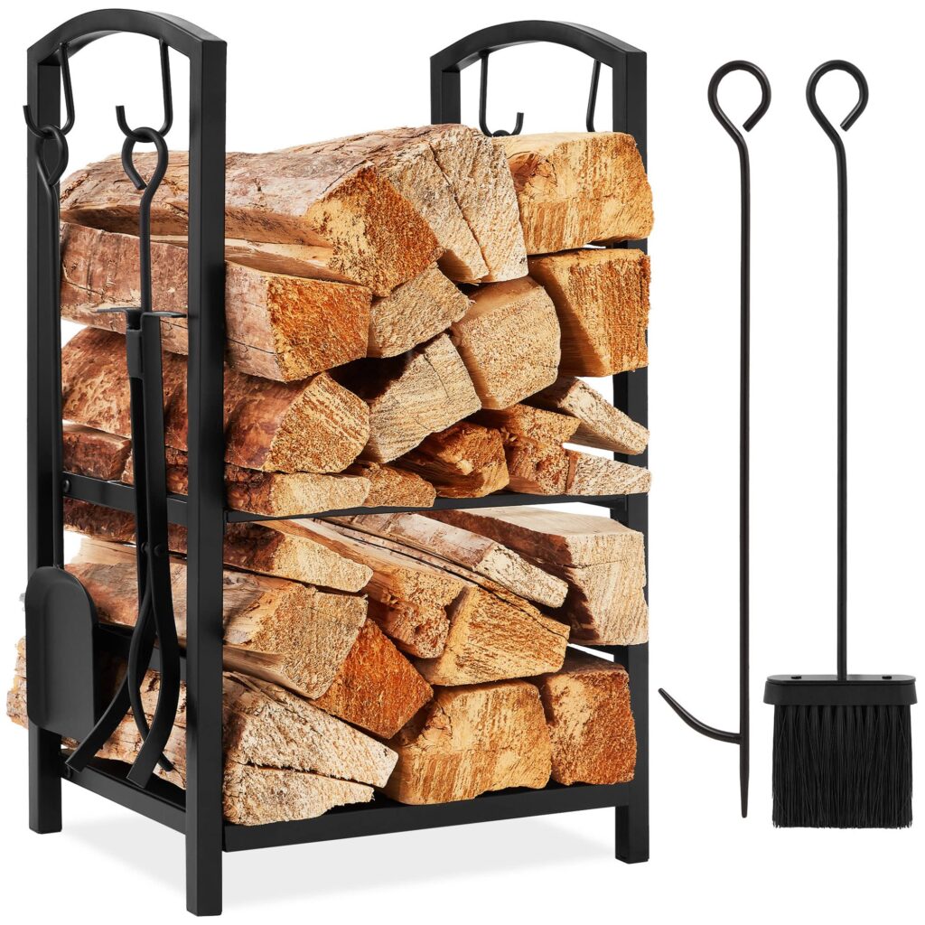 Best Choice Products 5-Piece Indoor Outdoor Wrought Iron Firewood Log Storage Rack Holder Firepit Tools Set for Fireplace, Fire Pit, Stove w/Hook, Bro