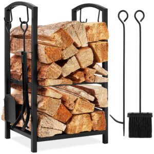Best Choice Products 5-Piece Indoor Outdoor Wrought Iron Firewood Log Storage Rack Holder Firepit Tools Set for Fireplace, Fire Pit, Stove w/Hook, Bro