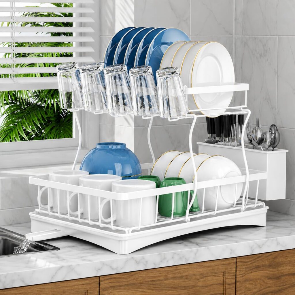 2-Tier Stainless Steel Dish Drying Rack with Drainboard Set, White