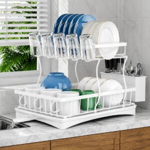 2-Tier Stainless Steel Dish Drying Rack with Drainboard Set, White