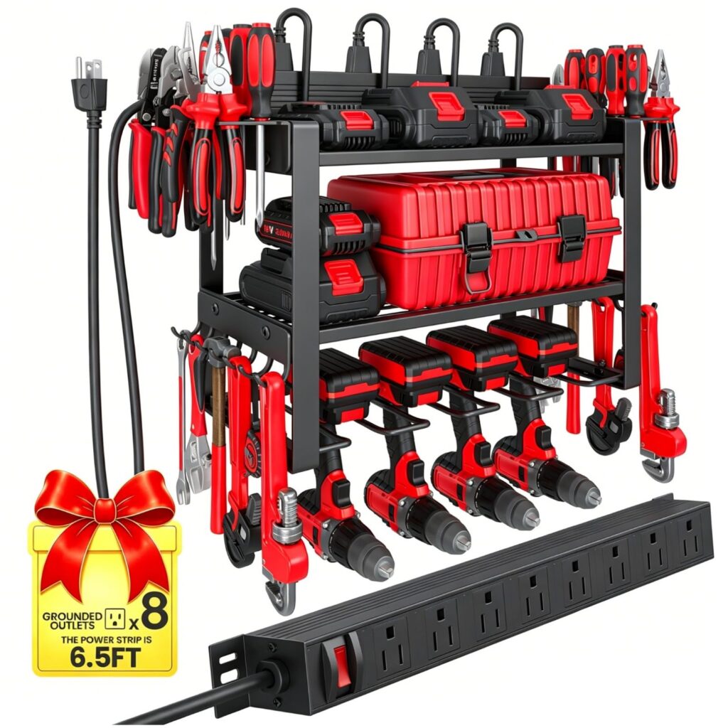 Power tool organizer wall mount with 8-outlet power station and drill holders
