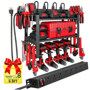 Power tool organizer wall mount with 8-outlet power station and drill holders