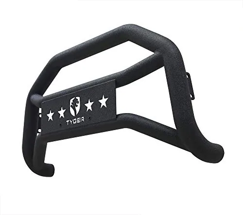 Black bull bar with light mount on the front of a pickup truck