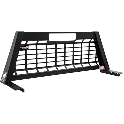 Steel headache rack mounted behind a pickup truck cab
