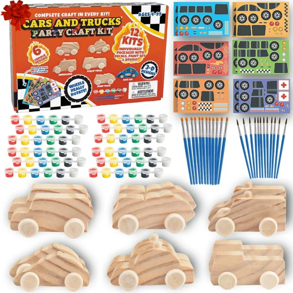 Kids Party Wood Painting Craft Kits (12ct) 3-D Cars- Each...