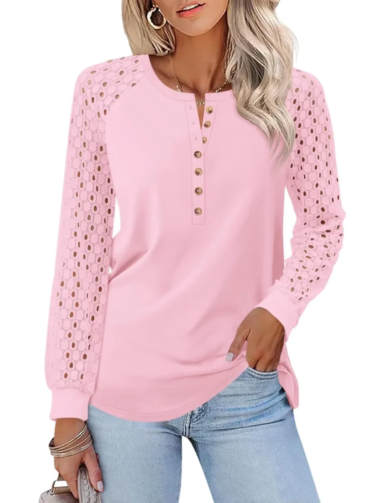Minetom Women's Lace Long Sleeve Tops Henley Shirts Casua...