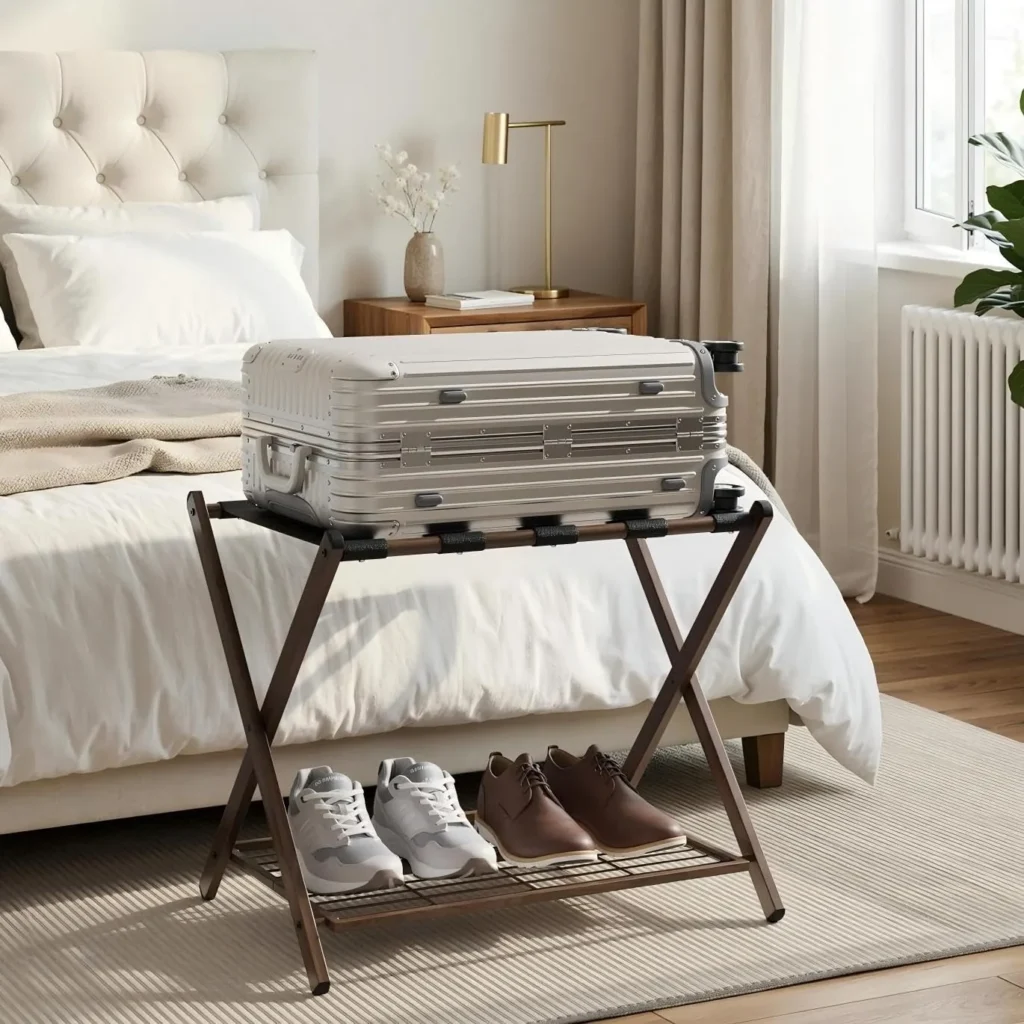 Smart FENDEE Steel Luggage Rack Fully Assembled, Walnut C...