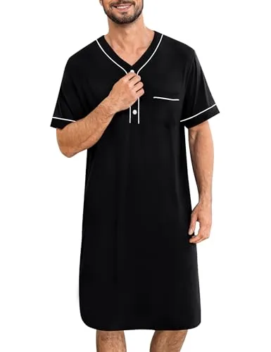 SWOMOG Mens Nightgown Short Sleeve Lounge, Sleep Henley S...